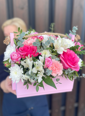 Композиция в ящике «Сквозь розовые очки» от интернет-магазина цветов в 