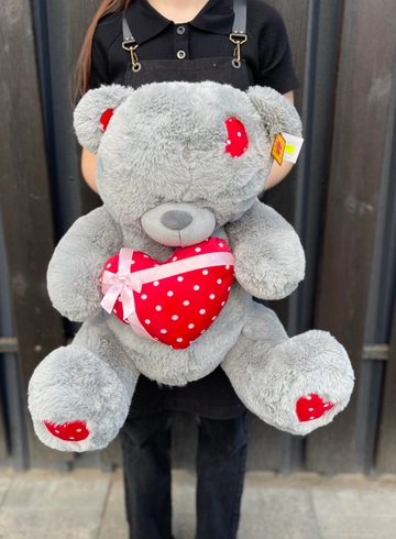 Медведь серый 48 см с сердцем горошек от интернет-магазина цветов в 